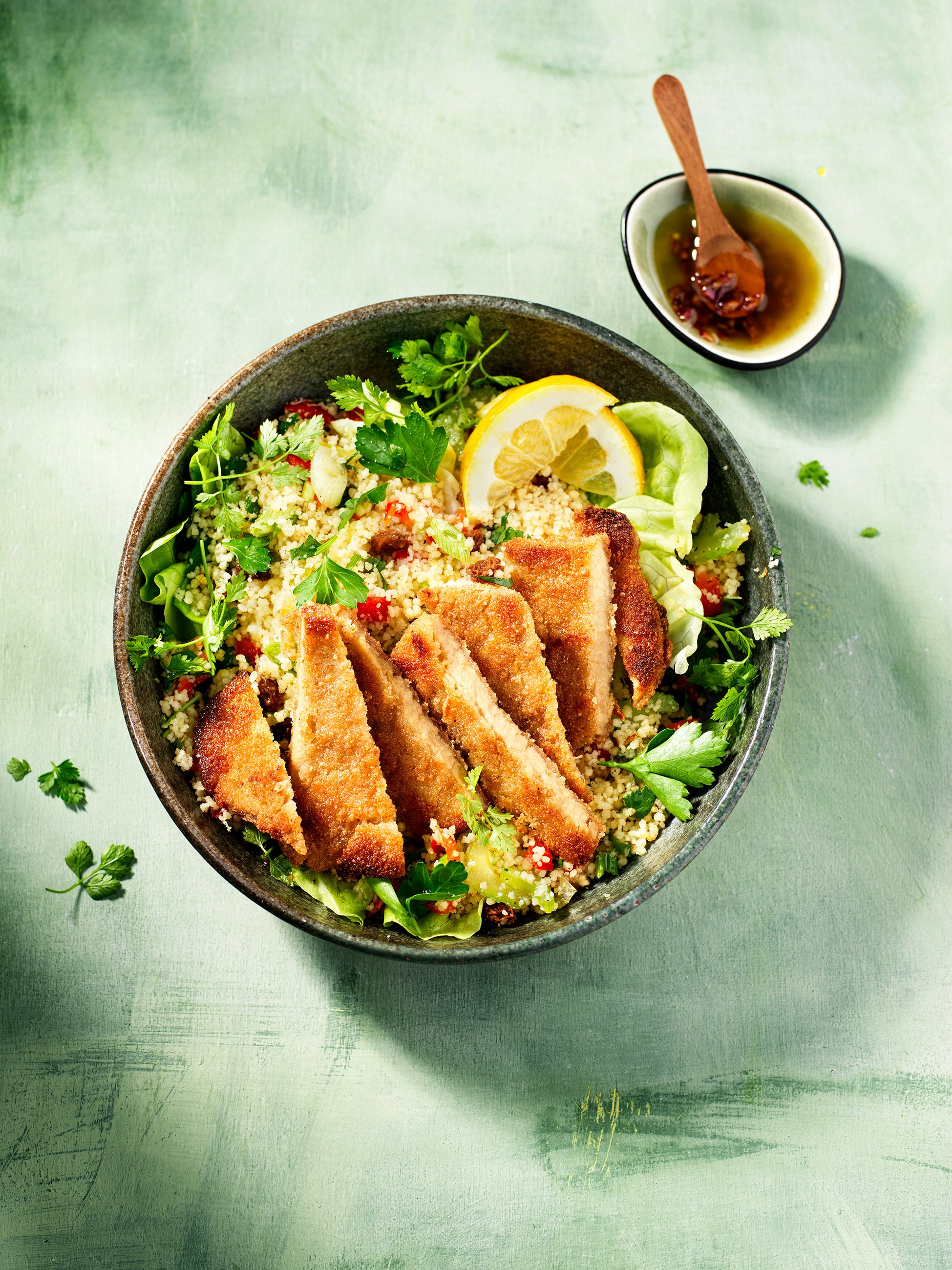 Couscous veggie and herb salad with Sensational Schnitzel Couscous veggie and herb salad with Sensational Schnitzel
