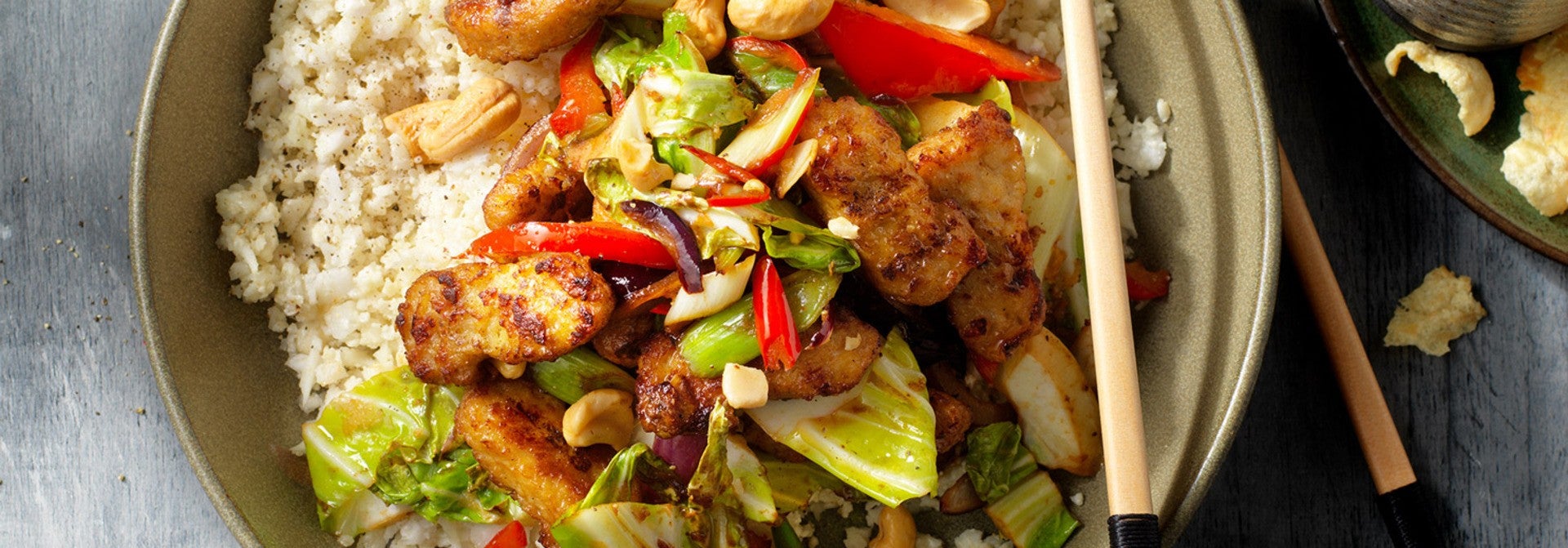 No Waste Blumenkohlreis mit veganen Filet-Stücken