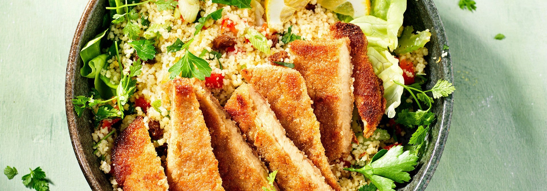 Couscous veggie and herb salad with Sensational Schnitzel
