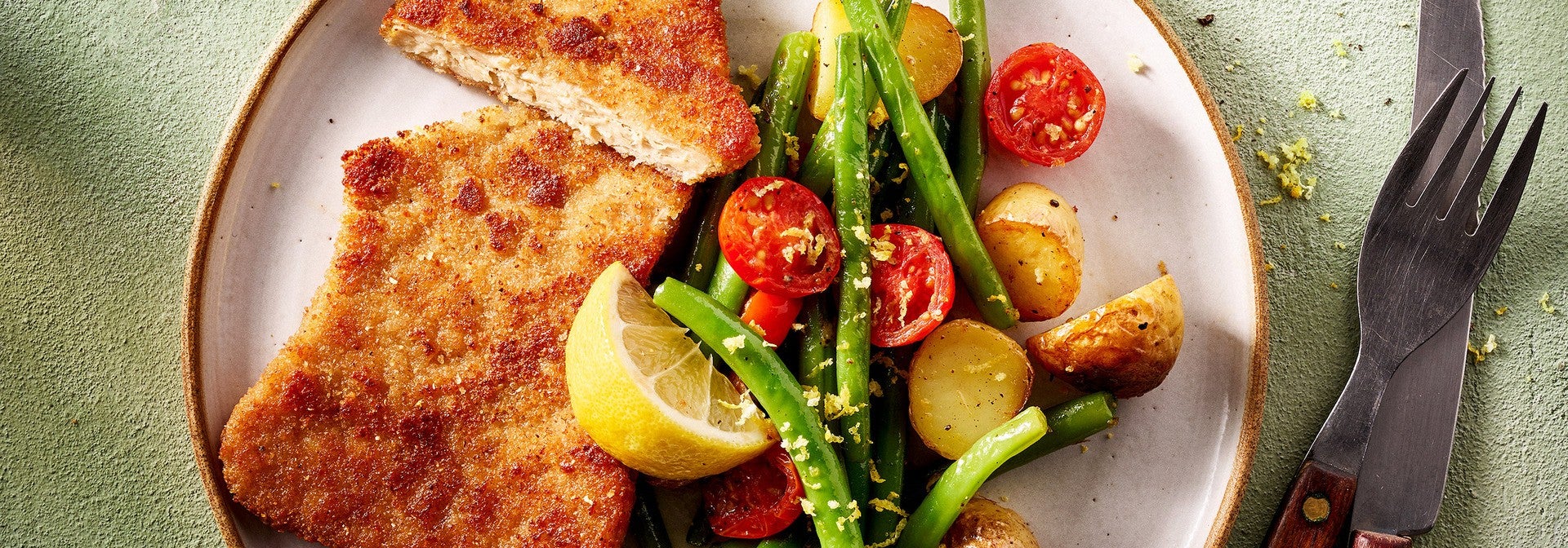 Vegan Schnitzel with Veggies and Baby Potatoes