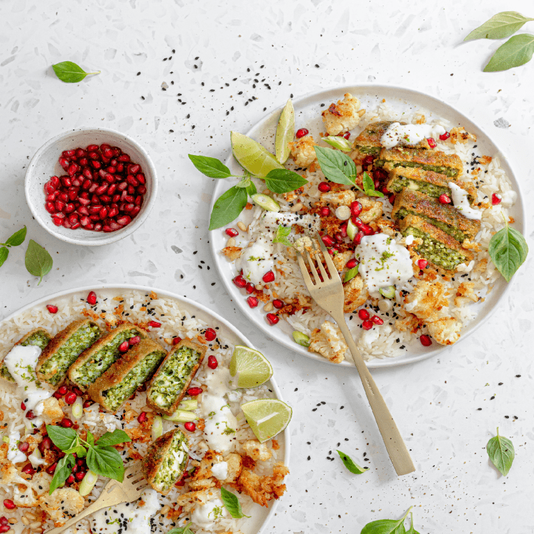 Nuggets with roasted sweet potato and a meal salad with peanut dressing